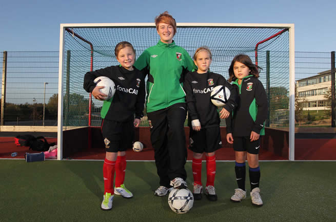 Glentoran Belfast United and Northern Ireland Women’s International Kelly Bailie helps  budding young footballers Emily Wilson, Zoe Kilpatrick and Joely Andrews to officially launch Glentoran Belfast United’s first ever Junior Academy for Girls. 