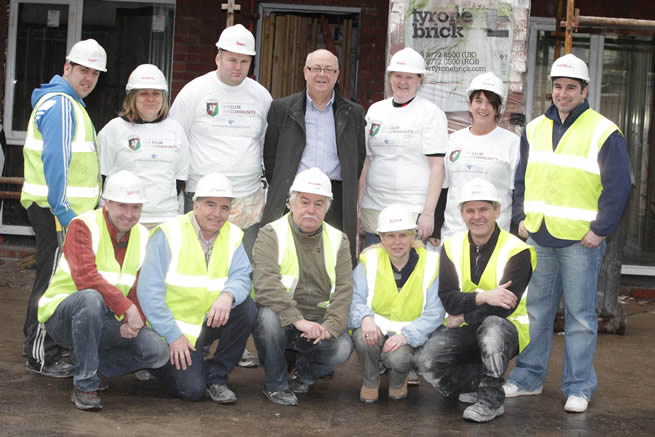 Local volunteers from Glentoran Football Club are pictured at the Glentoran Community Build Day on Thursday 26th January 2011 to help Habitat for Humanity NI build homes on Templemore Avenue for families in East Belfast. Top row - left to right: Robert Moore, Michelle Fullerton, Barry McKenna, Aubry Ralph (Vice-Chairman, Glentoran), Nikki Clarke, Jodie Killops and Russell Lever. Bottom row – left to right: Rev. David Thompson, Danny Burns (Habitat for Humanity), Michael Magee, Rosie Moore and Rab Branney (Habitat for Humanity). 
